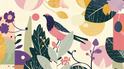 Abstract flat illustration of a bird in a garden, with geometric shapes and forms