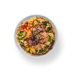 Overhead view of a cooked fancy Poke Bowl with yellowtail, tuna and salmon, topped with edamame, seaweed salad, avocado, jalapeno, mango, cucumber and crisp onion. on White with Clipping PATH