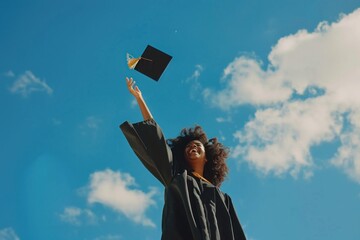 Joyful African American graduate throwing cap in the air, blue sky background.