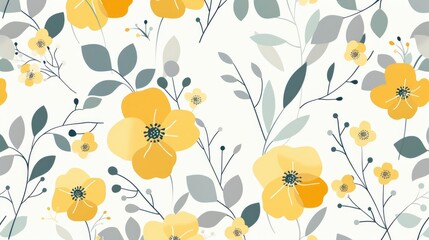 seamless pattern of yellow and grey flowers on a white background, in a flat illustration style, simple, cute, Scandinavian design with a pastel color palette, green leaves between the flower patterns