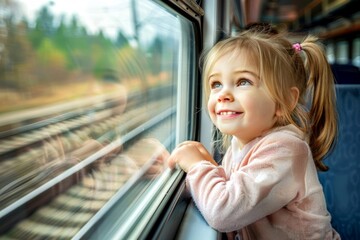Happy little girl looking out train window outside, while it moving.