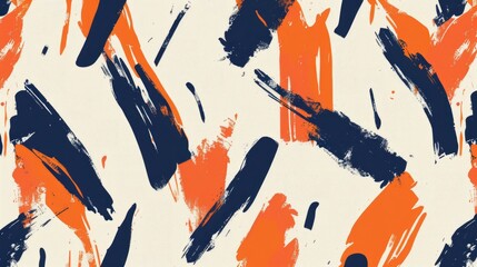 Seamless pattern with orange and navy blue paint strokes on a cream background. Simple brushstrokes in the style of mid century modern design elements with minimalist shapes - obrazy, fototapety, plakaty