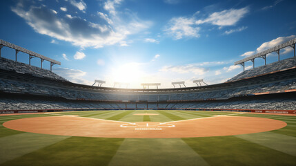 Sunlit Baseball Stadium with Clear Skies and Seating - obrazy, fototapety, plakaty