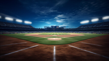 Dramatic Night Baseball Stadium with Spotlights and Dark Skies - obrazy, fototapety, plakaty