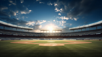 Sunset Over Empty Baseball Stadium with Open Seating - obrazy, fototapety, plakaty