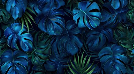 Tropical leaves seamless pattern, navy blue and teal color palette, illustration ,in the style of dark sky blue and light green, vibrant illustrations, deep cobalt background - obrazy, fototapety, plakaty
