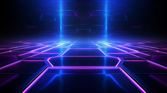 Neon Blue Hexagonal Grid Background with Central Light