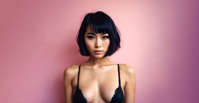 Sexy asian model with short hair in lingerie. Copy space