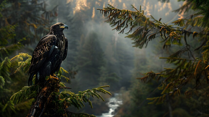 Majestic Bald Eagle Overseeing the Lush Northwest Wilderness Landscape