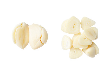 Top view set of fresh pounded garlic cloves and slices in stack isolated with clipping path in png...