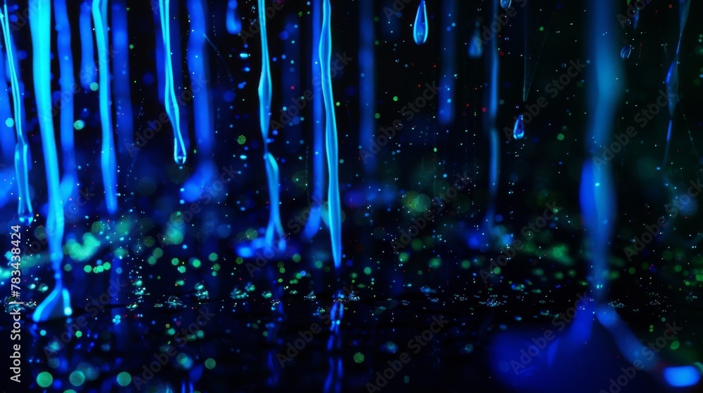 Wall mural Electric blue drips and bursts of green light up the darkness of a black background in a mesmerizing pattern.