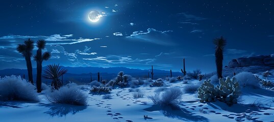 Gorgeous Tranquility: A Breathtaking Moonlit Desert Landscape with Glistening Sands, Silhouetted Dunes, and Mesmerizing Night Sky, Evoking Serenity and Wonder in the Heart of the Arid Wilderness