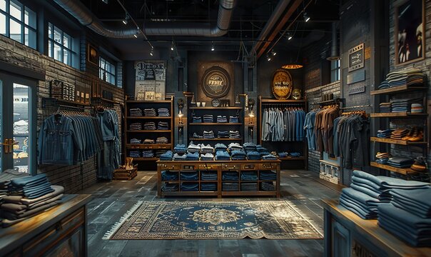 A clothing store with a modern, sleek interior designed to showcase casual clothing and denim jeans