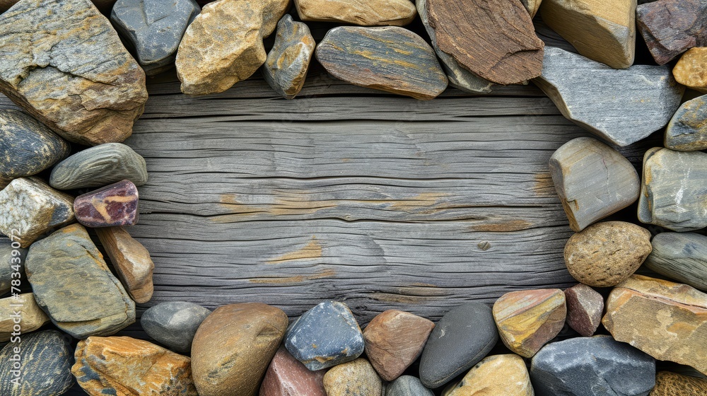 Poster frame made of stones with a background of wood. ai generative.
