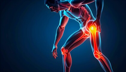 2D Illustration of a running man with painful knee joint highlighted, kneecap, 3D rendering. Problem of joint diseases, medical topics. Painful joints created with generative ai	
 - obrazy, fototapety, plakaty