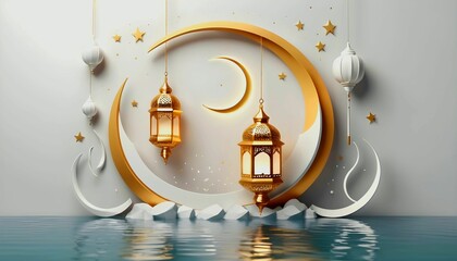 illustration of a mosque with golden moon and stars ornament on a light background with space for copy eid Mubarak banner for web created with generative ai	