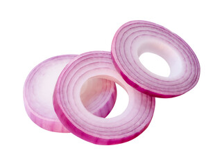 Top view of red or purple onion rings or slices in stack isolated on white background with clipping path