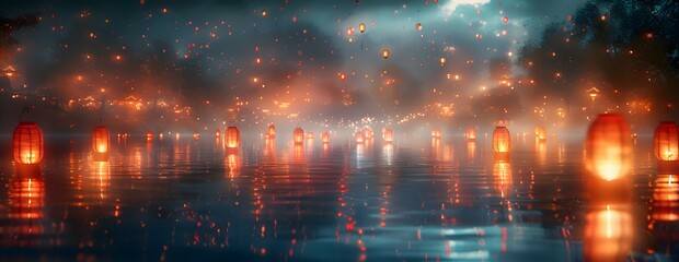 Reflections of flickering lanterns shimmering on still waters, creating a surreal mirror of light and color