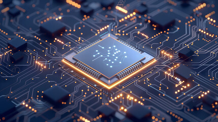 3D render of a glowing chip on an intricate circuit board, surrounded by futuristic elements and holographic effects