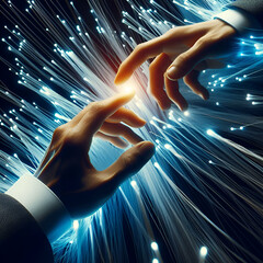 Close-up of Two Businessman Human Hands Reaching Touching for Each Other with Energetic Fiber Optic Lights Wires at Intersection Virtual Franchise Digital Technology Communication Software Development