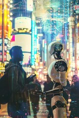 Obraz premium human and a robot engaged in a collaborative effort to advance technology and innovation