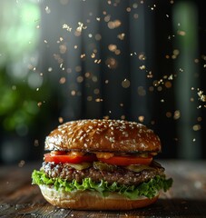 Yummy Burger with Dynamic Particles on Background. Fast Food Advertising Concept