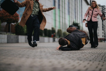 Concerned young business people by an unfortunate colleague after a stumble on the city pavement.