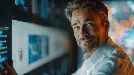 Smiling caucasian man with stubble using touchscreen interface at night, neon lights, futuristic technology concept.