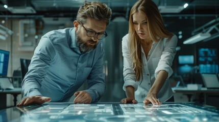 Two professionals interacting over futuristic digital interface in high-tech office environment.