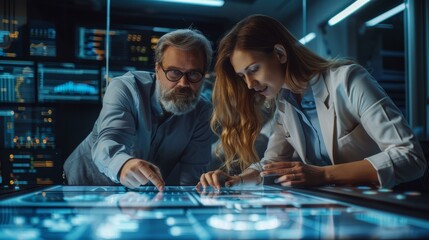Two professionals examining digital interface in high-tech control room, one male with beard, one...