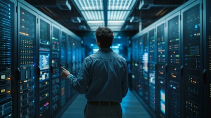 Man in blue shirt at data center with servers, technology professional adjusting equipment, server room maintenance. Copy space. - Powered by Adobe