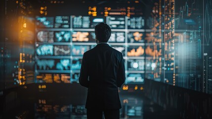 Back view of businessman in dark suit looking at digital screens with analytics data in modern tech environment.