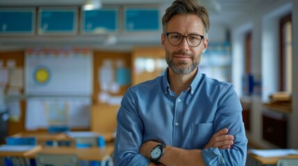 Fototapeta premium Confident male teacher in classroom, crossed arms, eyeglasses, blue shirt, smiling. Copy space.
