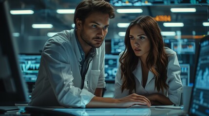 Two professionals discussing over computer in high-tech office environment, intense gaze, teamwork in technology, blue tone. Copy space.