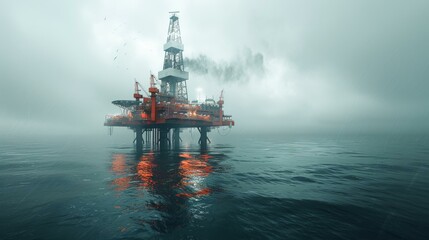 Offshore oil rig in misty seascape, smoke emitting from structure, moody atmosphere, industry at sea, overcast sky. Copy space.