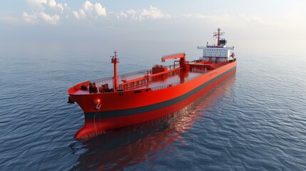 Large red oil tanker ship sailing on calm blue ocean at sunset, commercial maritime transport, panoramic view. Copy space.