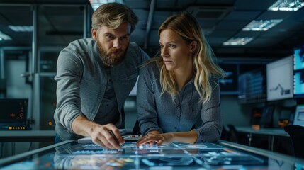 Two professionals interacting over futuristic digital interface, office setting, teamwork, caucasian, technology concept, blue tones.