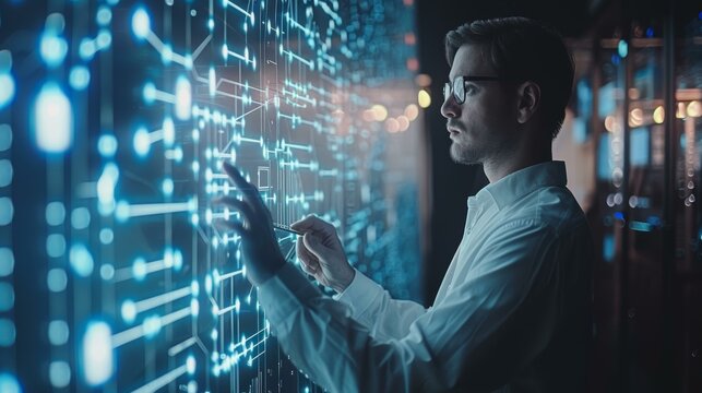 Caucasian male technician analyzing data on futuristic digital interface in server room, blue tones, technology concept. Copy space. - Powered by Adobe