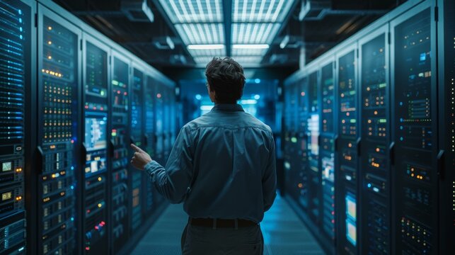 Man in blue shirt at data center with servers, technology professional adjusting equipment, server room maintenance. Copy space.