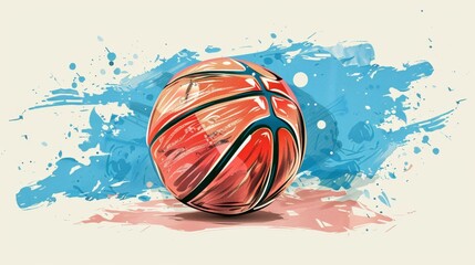 Stylized basketball illustration with dynamic blue and red splashes on pale background. Copy space.