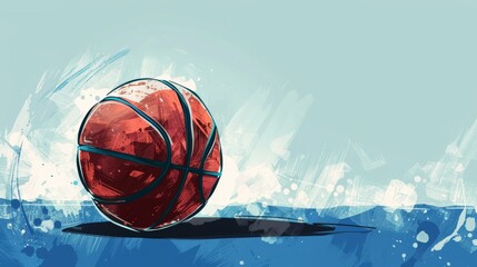 Red basketball on abstract blue background, artistic sports concept, vibrant colors, dynamic backdrop. Copy space. - obrazy, fototapety, plakaty