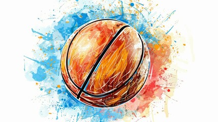 Colorful abstract basketball artwork with dynamic blue and orange splatter background. Copy space.