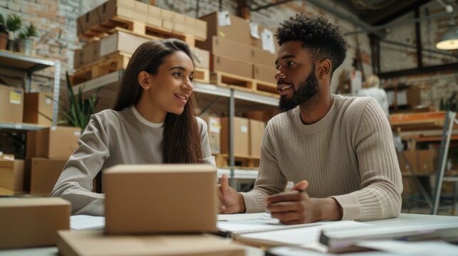 Two young entrepreneurs discussing in warehouse, diverse business team, cardboard boxes on table, partnership concept.