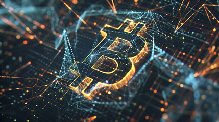 Bitcoin logo with connecting dots and lines, blockchain technology with blue and yellow style