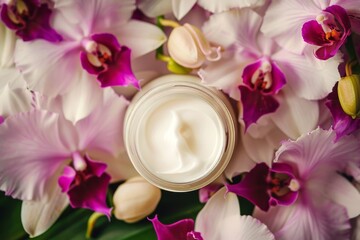 Obraz na płótnie Canvas Glass jar with cream stands among pink orchid flowers. View from above. Facial skin care cream, natural cosmetics made from flowers and petals