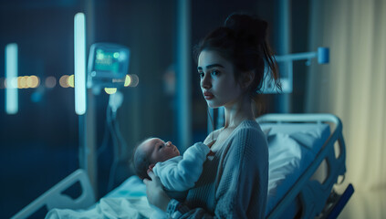 beautiful young woman holding her newborn baby in front of a hospital room at night
