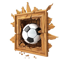 Soccer ball close up enclosed within a rustic wooden frame, Cartoon version bursting through the frame on a transparent background