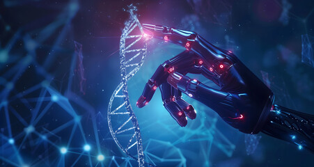 hand touching digital DNA on dark blue background, AI technology concept
