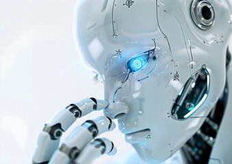 Naklejka premium AI robot touching its face with its finger
