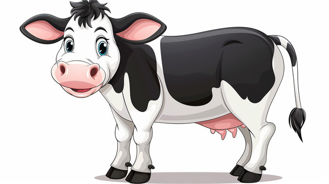 Happy cartoon cow isolated on white background, black and white cartoon cow